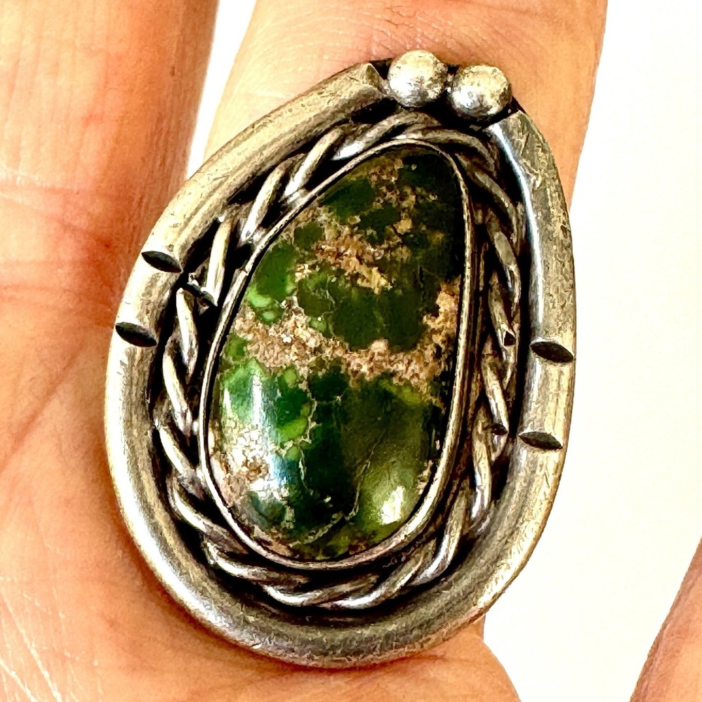 Vintage Navajo Cerrillos Turquoise Ring Sz 6.5 Rope Sterling Silver Native Amer